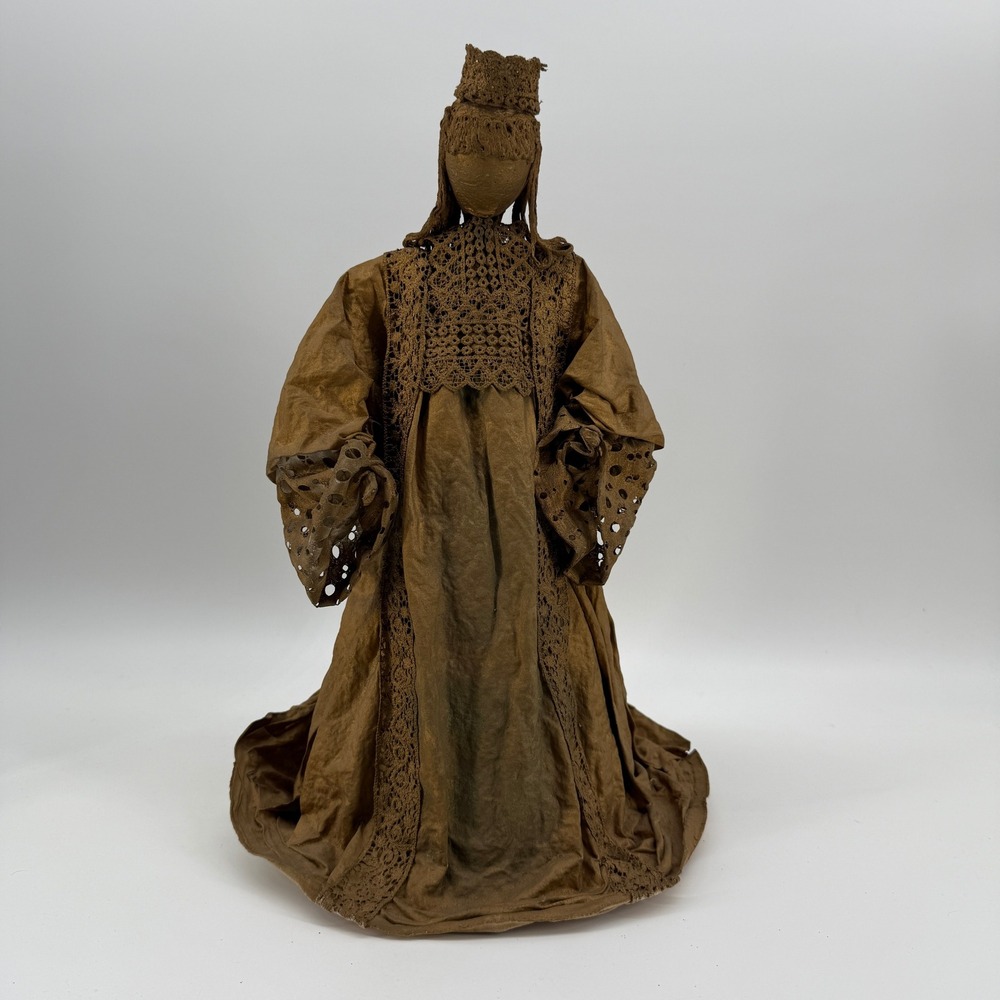 Vintage Handmade Lace Angel Tree Topper EK Signed Bronze Fabric Folk Art 16"